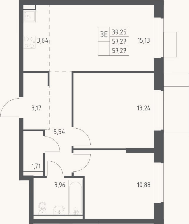 Планировка: 3-к, 57,3 м²