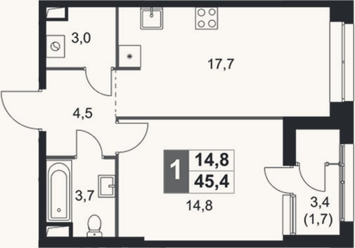 Планировка: 2-к, 43,7 м²