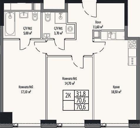 Планировка: 2-к, 70,6 м²