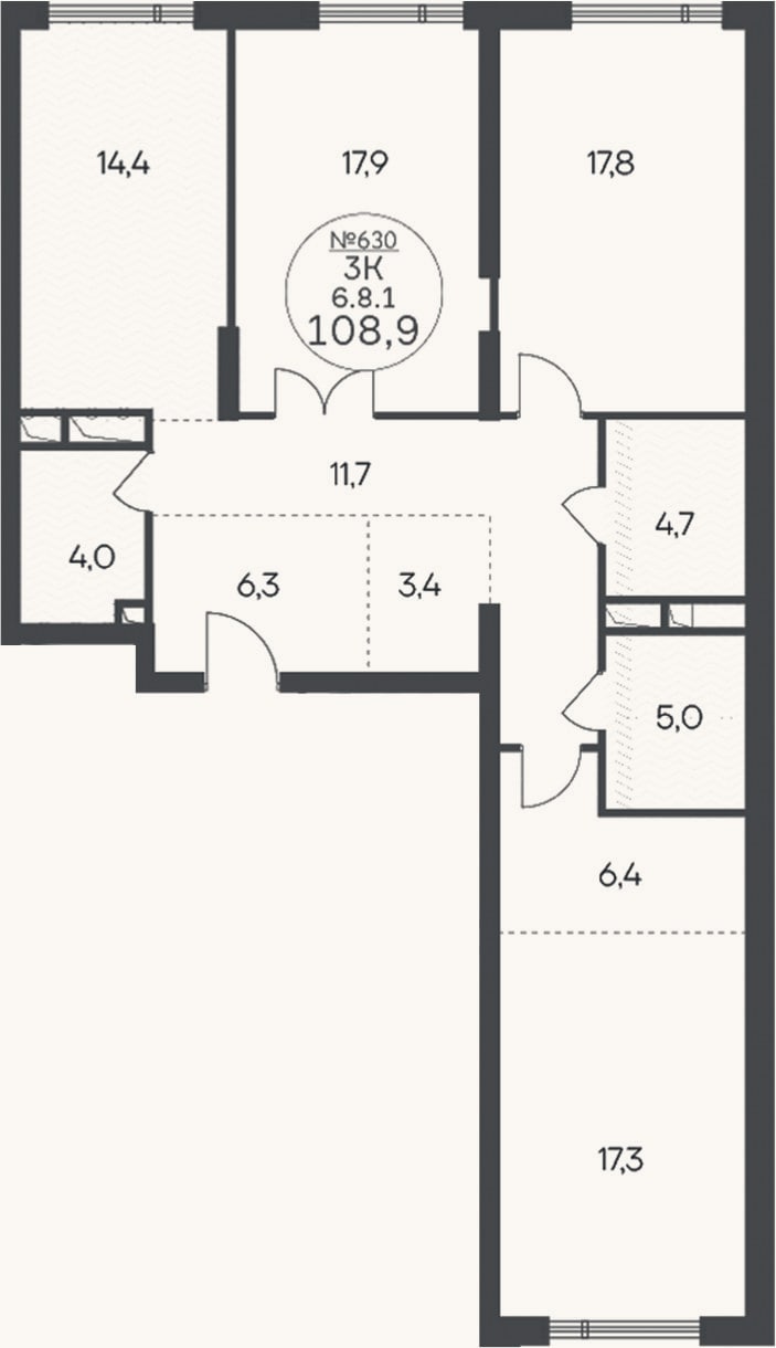 Планировка: 3-к, 108,9 м²