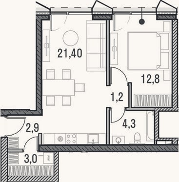 Планировка: 2-к, 45,6 м²