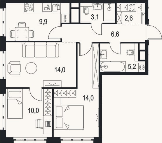 Планировка: 3-к, 65,4 м²