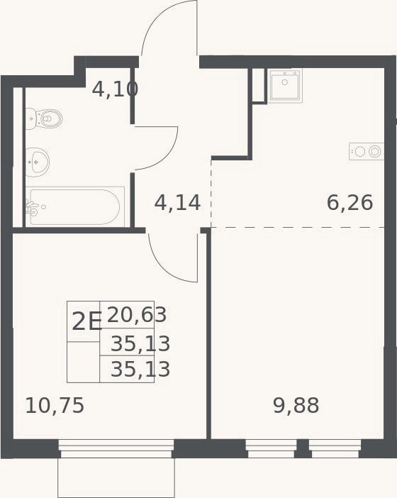 Планировка: 2-к, 35,1 м²