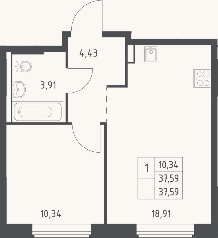 Планировка: 2-к, 37,6 м²