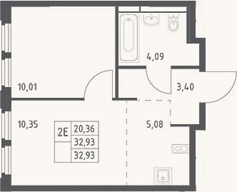 Планировка: 2-к, 32,9 м²