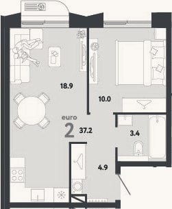 Планировка: 2-к, 37,2 м²