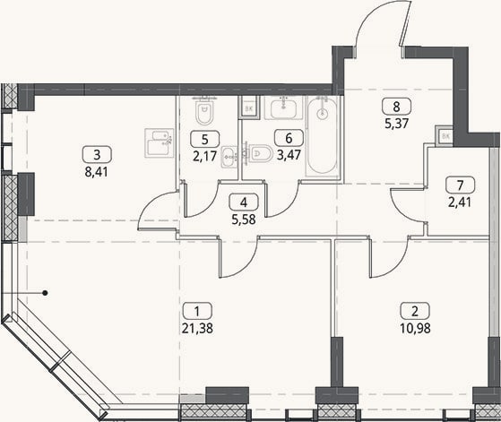Планировка: 2-к, 59,8 м²