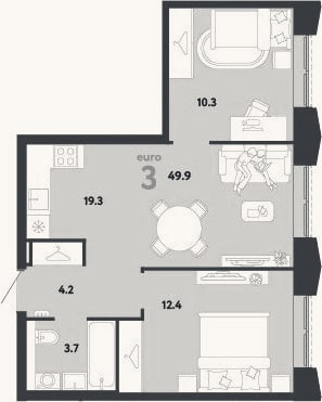 Планировка: 3-к, 49,9 м²