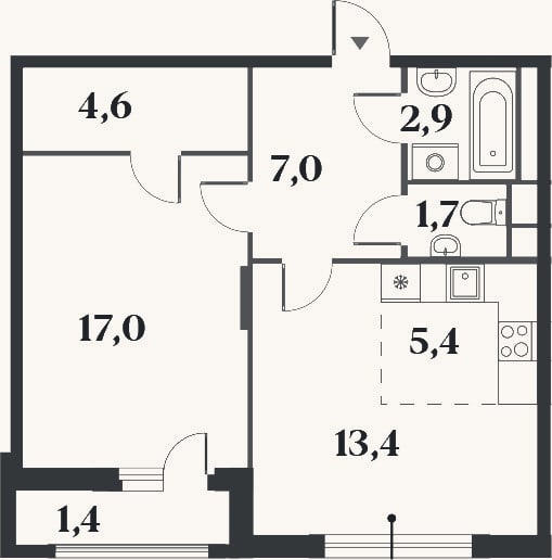 Планировка: 2-к, 52 м²