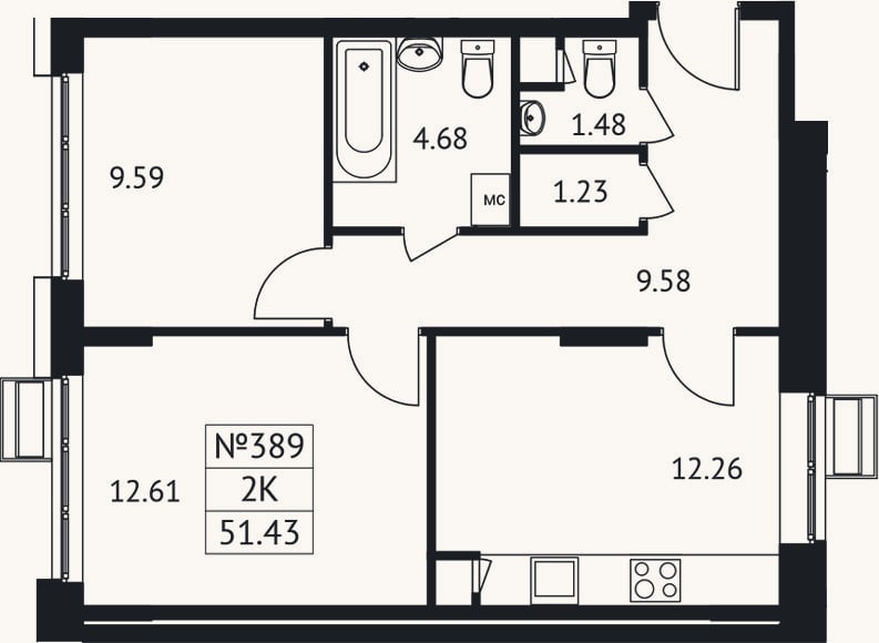 Планировка: 2-к, 51,4 м²