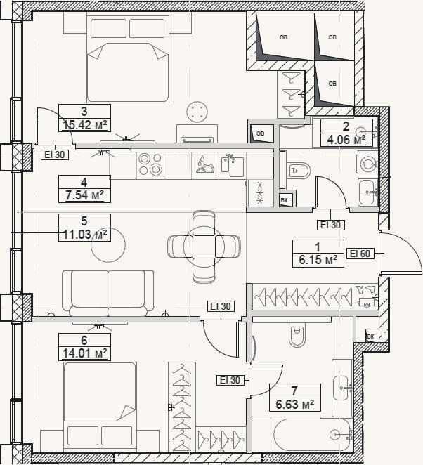 Планировка: 3-к, 64,8 м²