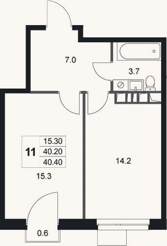 Планировка: 1-к, 40,2 м²