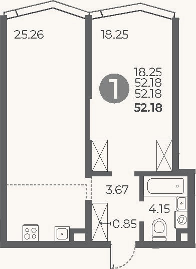 Планировка: 1-к, 52,2 м²