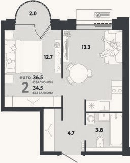 Планировка: 2-к, 34,5 м²