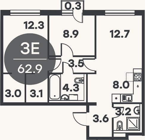 Планировка: 3-к, 62,6 м²