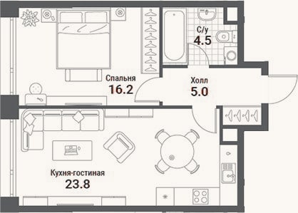 Планировка: 2-к, 49,5 м²