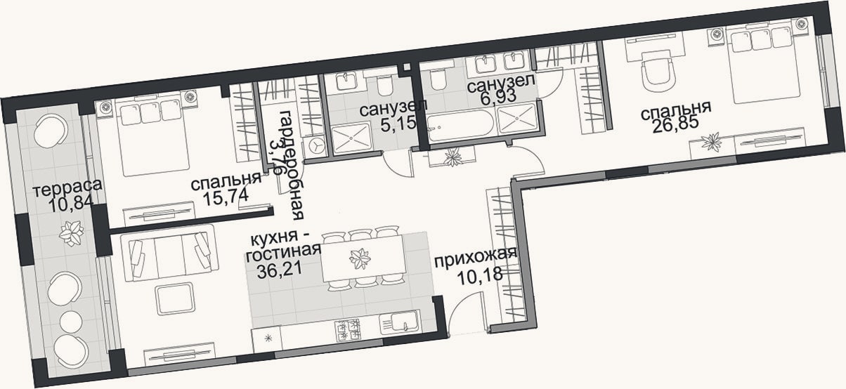 Планировка: 3-к, 104,8 м²