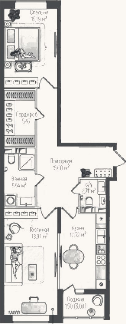 Планировка: 2-к, 75,4 м²