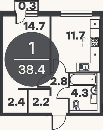 Планировка: 1-к, 38,1 м²
