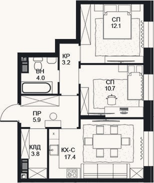 Планировка: 2-к, 57,1 м²