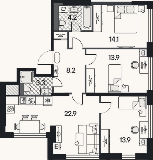 Планировка: 4+ к, 80,5 м²