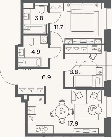 Планировка: 2-к, 54 м²