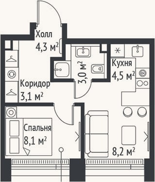 Планировка: 2-к, 31,1 м²