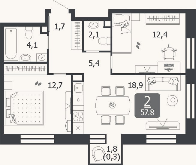 Планировка: 3-к, 57,3 м²