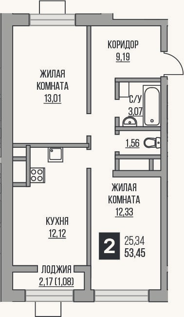 Планировка: 2-к, 51,3 м²
