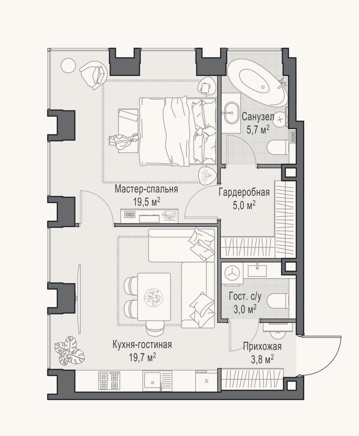 Планировка: 2-к, 57,1 м²