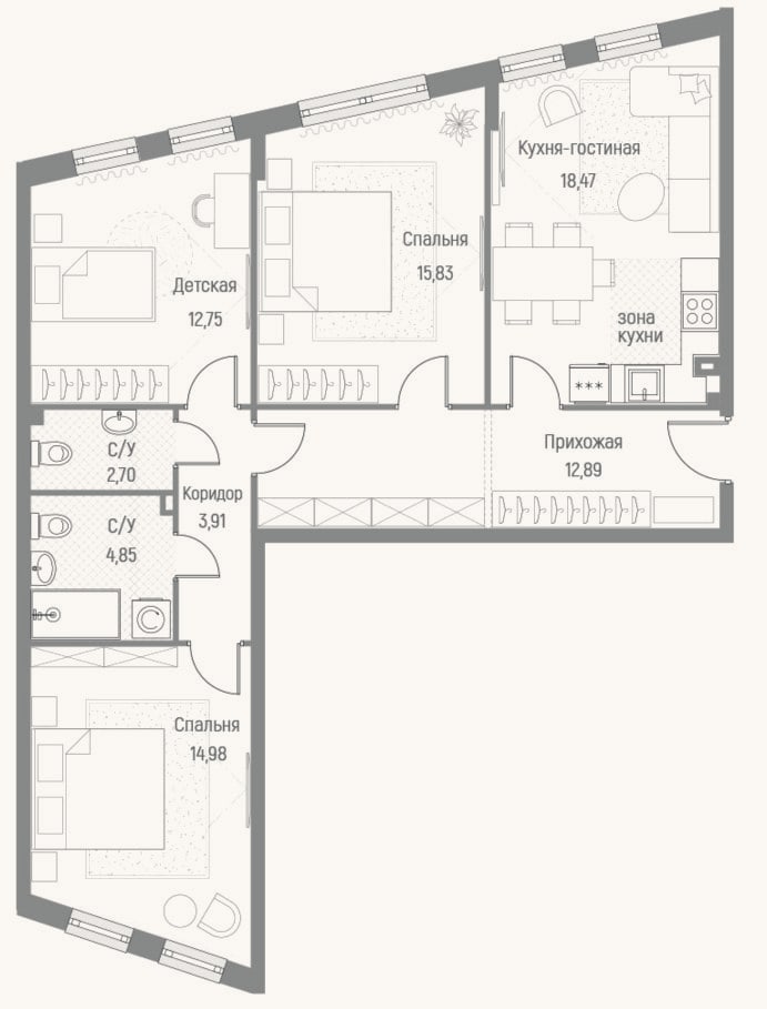 Планировка: 3-к, 86,2 м²
