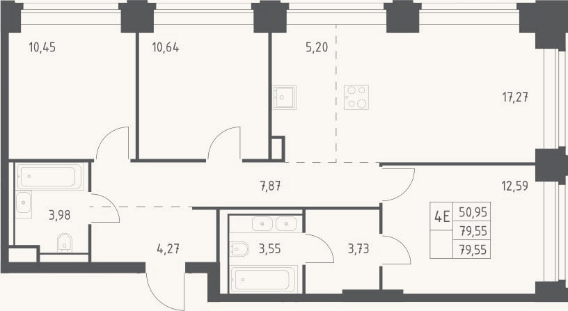 Планировка: 4+ к, 79,6 м²