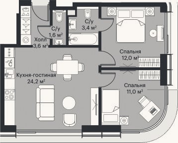 Планировка: 3-к, 54,6 м²