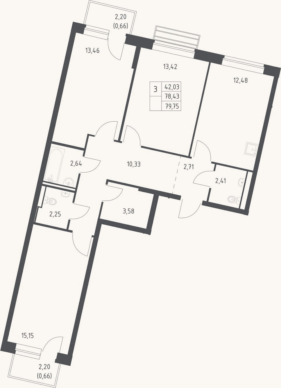 Планировка: 3-к, 78,4 м²