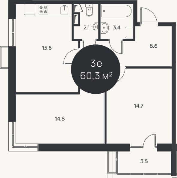 Планировка: 3-к, 59,2 м²