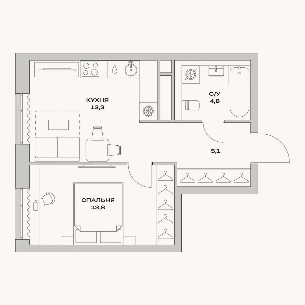 Планировка: 1-к, 37 м²
