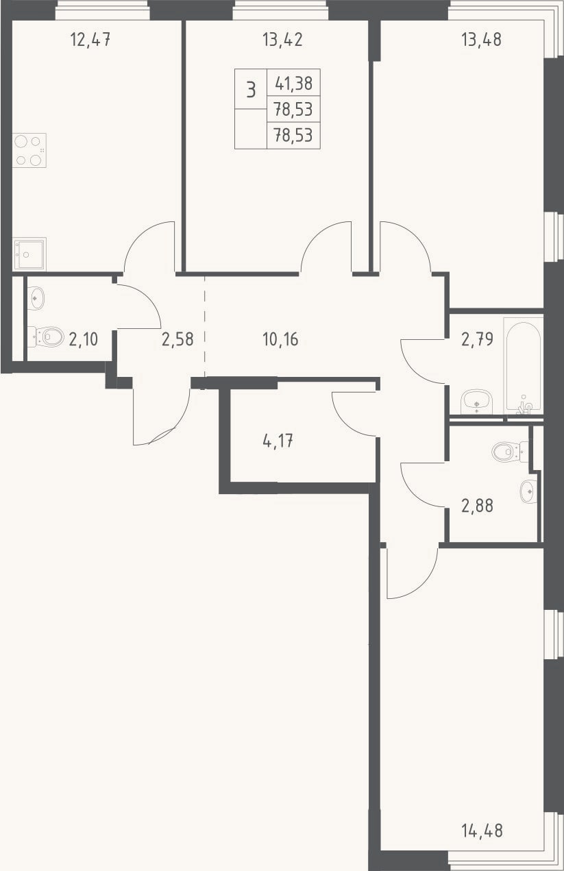 Планировка: 3-к, 78,5 м²