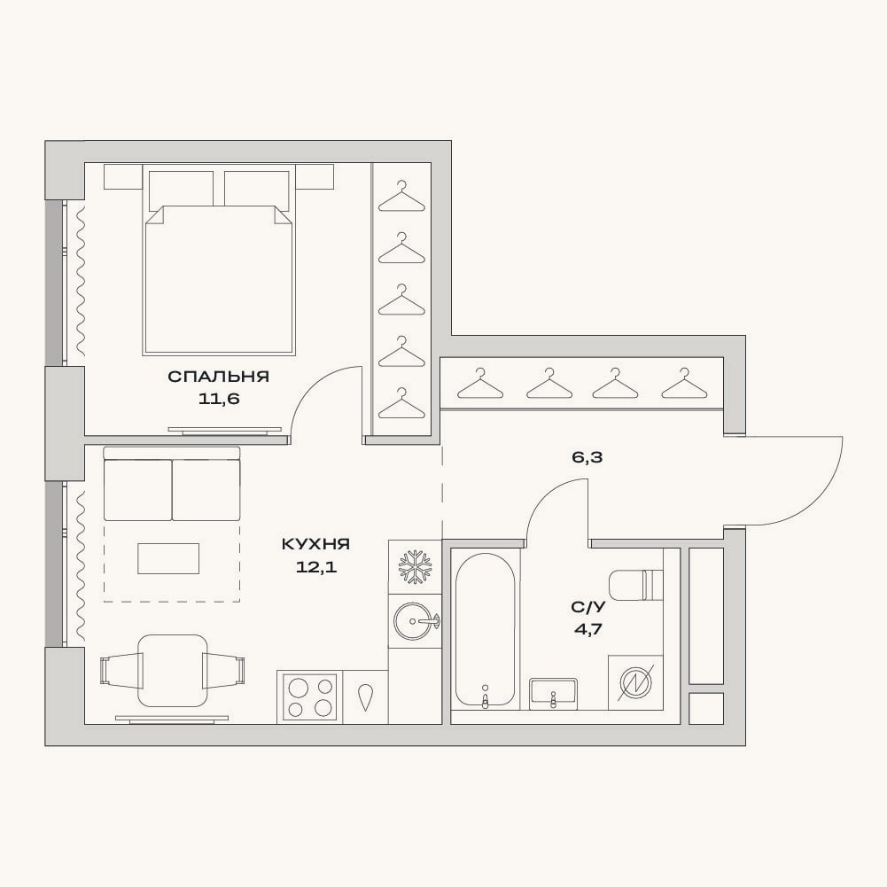 Планировка: 1-к, 34,7 м²
