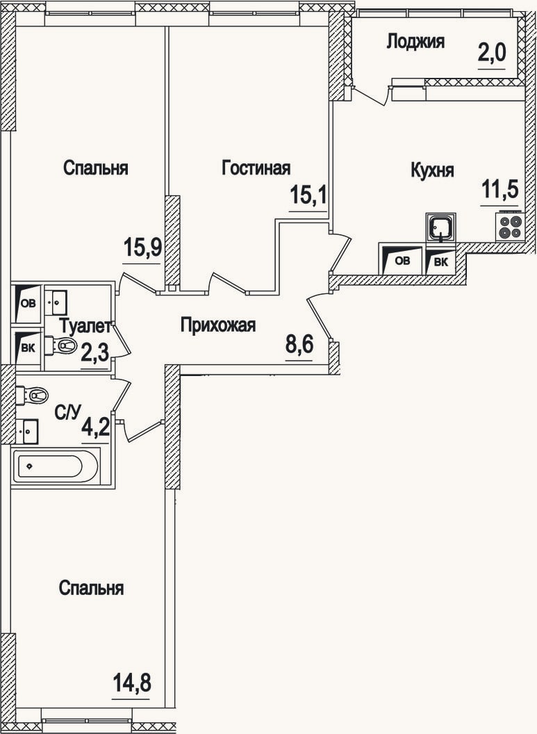 Планировка: 3-к, 72,4 м²