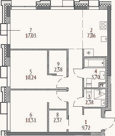 Планировка: 3-к, 66,6 м²