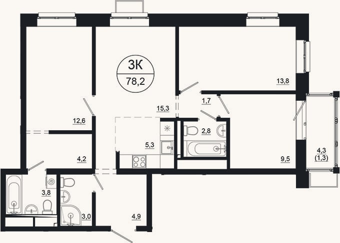 Планировка: 4+ к, 76,9 м²