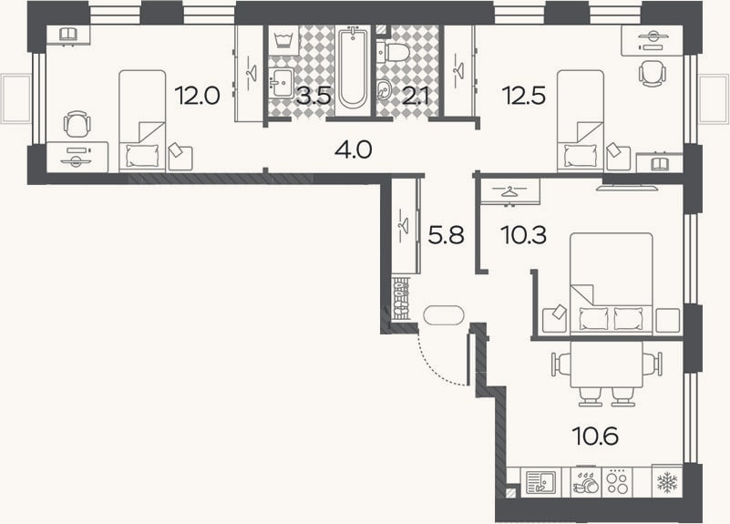 Планировка: 3-к, 60,8 м²