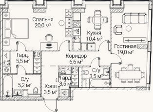 Планировка: 2-к, 77 м²