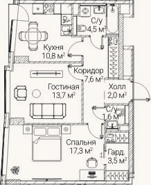 Планировка: 2-к, 60,9 м²