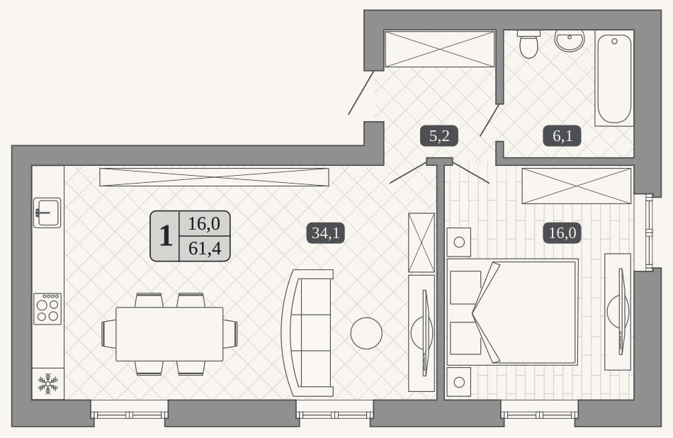 Планировка: 2-к, 61,4 м²
