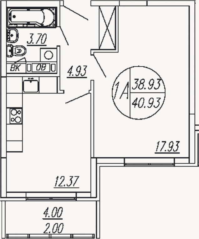 Планировка: 1-к, 38,9 м²