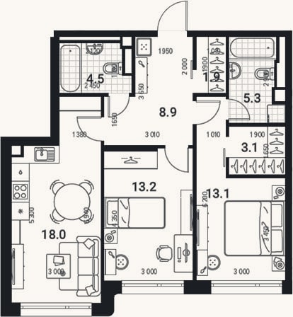 Планировка: 3-к, 68,1 м²
