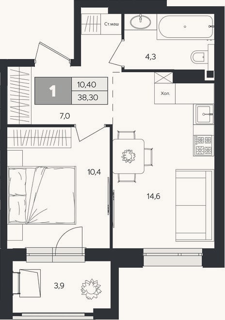 Планировка: 1-к, 36,4 м²