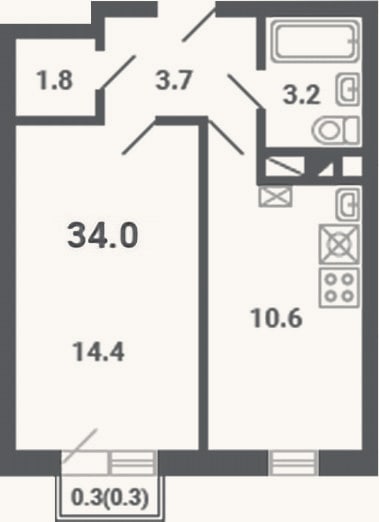 Планировка: 1-к, 33,7 м²