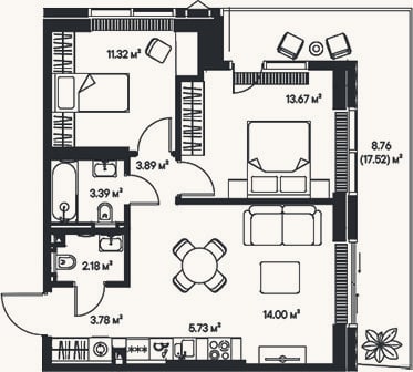 Планировка: 3-к, 58 м²